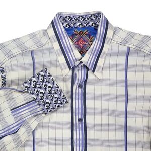 Robert Graham Men's Embroidered Flip Cuff Button Shirt Ivory/Blue Plaid Large